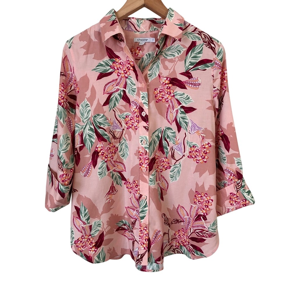 Chicos Pink Tropical Floral Button Down Shirt 3/4 Sleeve Size 0.5 Small